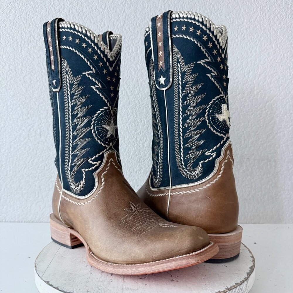 Lane Rodeo Houston Mens Cowboy Boots Brown Navy Blue Western Blunt Toe Size 11D